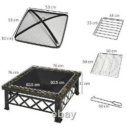 Outsunny 76cm Square Garden Fire Pit Square Table with Poker Mesh Cover Log Grate