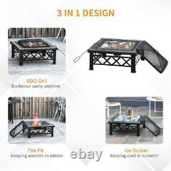 Outsunny 76cm Square Garden Fire Pit Table with Poker Mesh Cover Log Grate 3 in 1