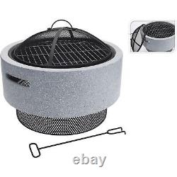 Round Fire Bowl Pit Resin MgO Stone Charcoal BBQ Rack Outdoor Garden Patio Grey