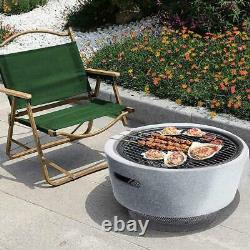 Round Fire Bowl Pit Resin MgO Stone Charcoal BBQ Rack Outdoor Garden Patio Grey