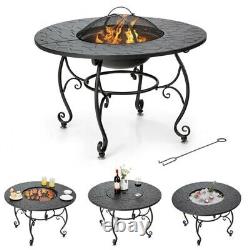 Round Wood Burning Fire Bowl with Cooking Grill and Mesh Cover