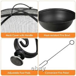 Round Wood Burning Fire Bowl with Cooking Grill and Mesh Cover
