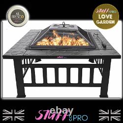 Square BBQ Fire Pit Outdoor Heating Log Burner With Mesh Guard And Grill