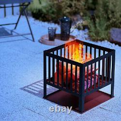 Square Fire Pit Basket Large Black Metal BBQ Outdoor Garden Heater Log Burner