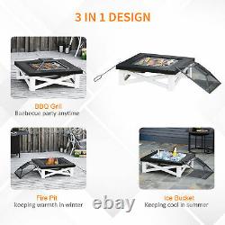 Square Garden Fire Pit Square Table with Grill Shelf Poker Mesh Cover Grate 86cm