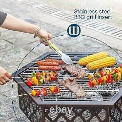 Steel Hexagonal Fire Pit BBQ Grill Outdoor Garden Patio Heater Brazier Stove