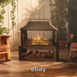 Steel Outdoor Fireplace with Log Storage Brushed Metallic Fire Pit