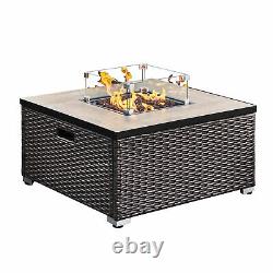 Teamson Home Outdoor Garden Rattan Gas Fire Pit Table with Screen, Rocks & Cover