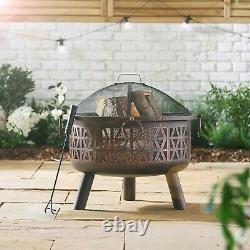 VonHaus Fire Pit Bowl Geo Firepit with Spark Guard & Poker for Wood & Charcoal