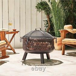 VonHaus Fire Pit Bowl Geo Firepit with Spark Guard & Poker for Wood & Charcoal