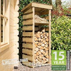 Abri de jardin étroit en bois pour le stockage de bois de chauffage en extérieur avec couverture en bois traité Tanalised