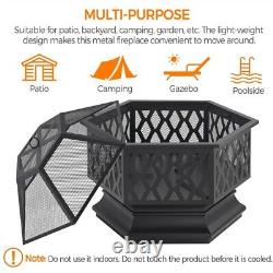 Bol de brasero en forme de hexagone de 66 cm avec écran anti-étincelles et tisonnier pour feu de bois