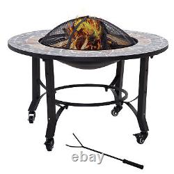 Bol de foyer extérieur 2-en-1 sur roues, chauffage de patio et grill BBQ de cuisson, Mosaïque