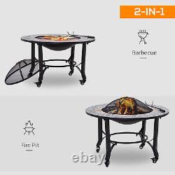 Bol de foyer extérieur 2-en-1 sur roues, chauffage de patio et grill BBQ de cuisson, Mosaïque