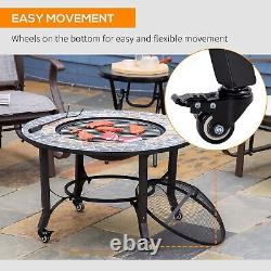 Bol de foyer extérieur 2-en-1 sur roues, chauffage de patio et grill BBQ de cuisson, Mosaïque