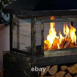 Brûleur de bûches extérieur en acier Neo Steel avec cheminée, entourage en maille et rangement