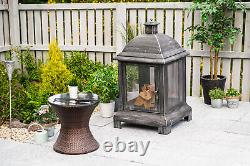 Cheminée de jardin en fonte avec chauffage de patio à bois et foyer à bûches, couleur noire.