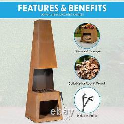 Chiminea Fire Pit, extérieur, rangement du bois en acier Corten