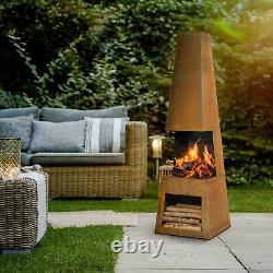 Chiminea Fire Pit, extérieur, rangement du bois en acier Corten