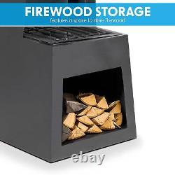 Chiminea Fire Pit, extérieur, rangement du bois en acier noir