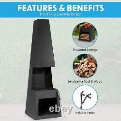 Chiminea Fire Pit, extérieur, rangement du bois en acier noir