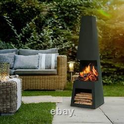 Chiminea Fire Pit, extérieur, rangement du bois en acier noir