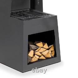 Chiminea Fire Pit, extérieur, rangement du bois en acier noir