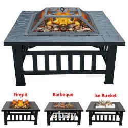 Extérieur 3 En 1 Barbecue Brazier Fire Pit Garden Heater Square Table Firepit Stove