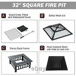 Fobuy Fire Pit Avec Plateau Barbecue Grill, Extérieur En Métal Brazier Square Table Firepit