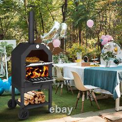 Four à pizza au feu de bois en bois noir, pelle en pierre, grille, support, pour le jardin, le camping en plein air, au Royaume-Uni.