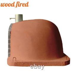 Four à pizza d'extérieur en bois avec feu de bois de 100 cm, en terre cuite de luxe, brique grise supplémentaire et porte dorée.