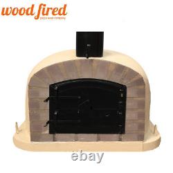 Four à pizza extérieur à bois de 110 cm en sable, garniture de luxe en brique grise supplémentaire et porte noire.