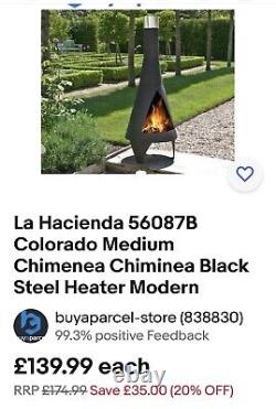 La Hacienda Firepit Colorado Cheminée de jardin en acier noir, chauffage extérieur, prix de détail recommandé de £174.
