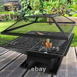 Pit de feu carré avec grille de barbecue chauffante pour jardin extérieur brasero terrasse extérieure