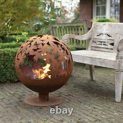 Pit de feu en forme de globe avec design de feuilles découpées au laser