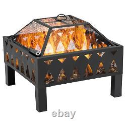 Pit de feu extérieur carré Outsunny avec couvercle en maille et pique en bois pour des soirées confortables