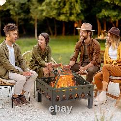 Pit de feu extérieur carré Outsunny avec couvercle en maille et pique en bois pour des soirées confortables