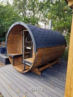 Sauna tonneau de luxe de 250 cm avec poêle à bois Harvia M3 et fenêtre panoramique intégrale