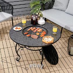 Table à manger avec fosse à feu extérieur 4 en 1 en bois rond avec couvercle en maille
