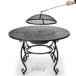Table à manger avec fosse à feu extérieur 4 en 1 en bois rond avec couvercle en maille