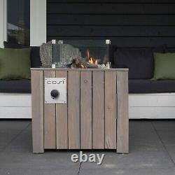 Table basse de jardin en gris lavé avec foyer extérieur carré chauffant et cheminée de jardin