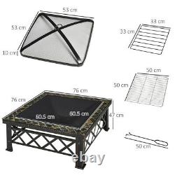 Table de fosse de jardin carrée Outsunny de 76 cm avec couvercle en maille de poker, grille à bûches 3 en 1