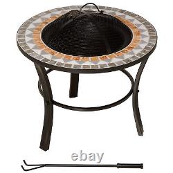 Table de foyer extérieur de 60 cm avec extérieur en mosaïque, couvercle d'écran anti-étincelles et pique-feu.