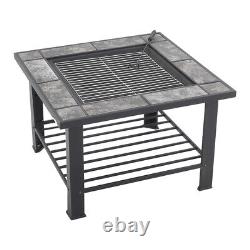 Table de jardin extérieure de 76 cm avec foyer à bois pour brûler des bûches, barbecue grill avec couvercle et étagère de rangement.