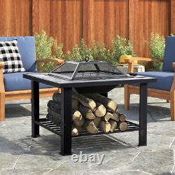 Table de jardin extérieure de 76 cm avec foyer à bois pour brûler des bûches, barbecue grill avec couvercle et étagère de rangement.