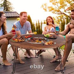 Table pliante ronde pour foyer extérieur en bois avec grille pour barbecue à charbon de bois